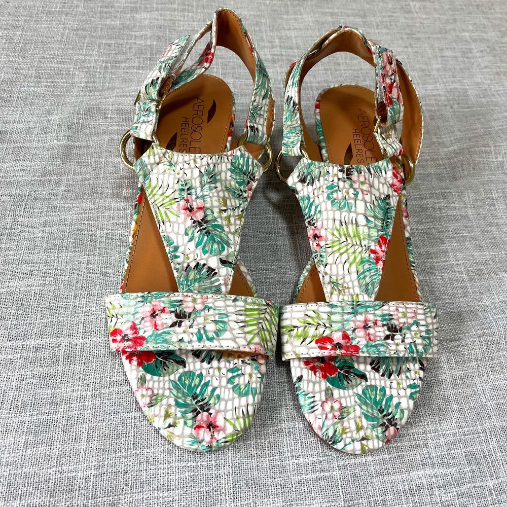 AEROSOLES Floral Green Red White Wedge Sandals